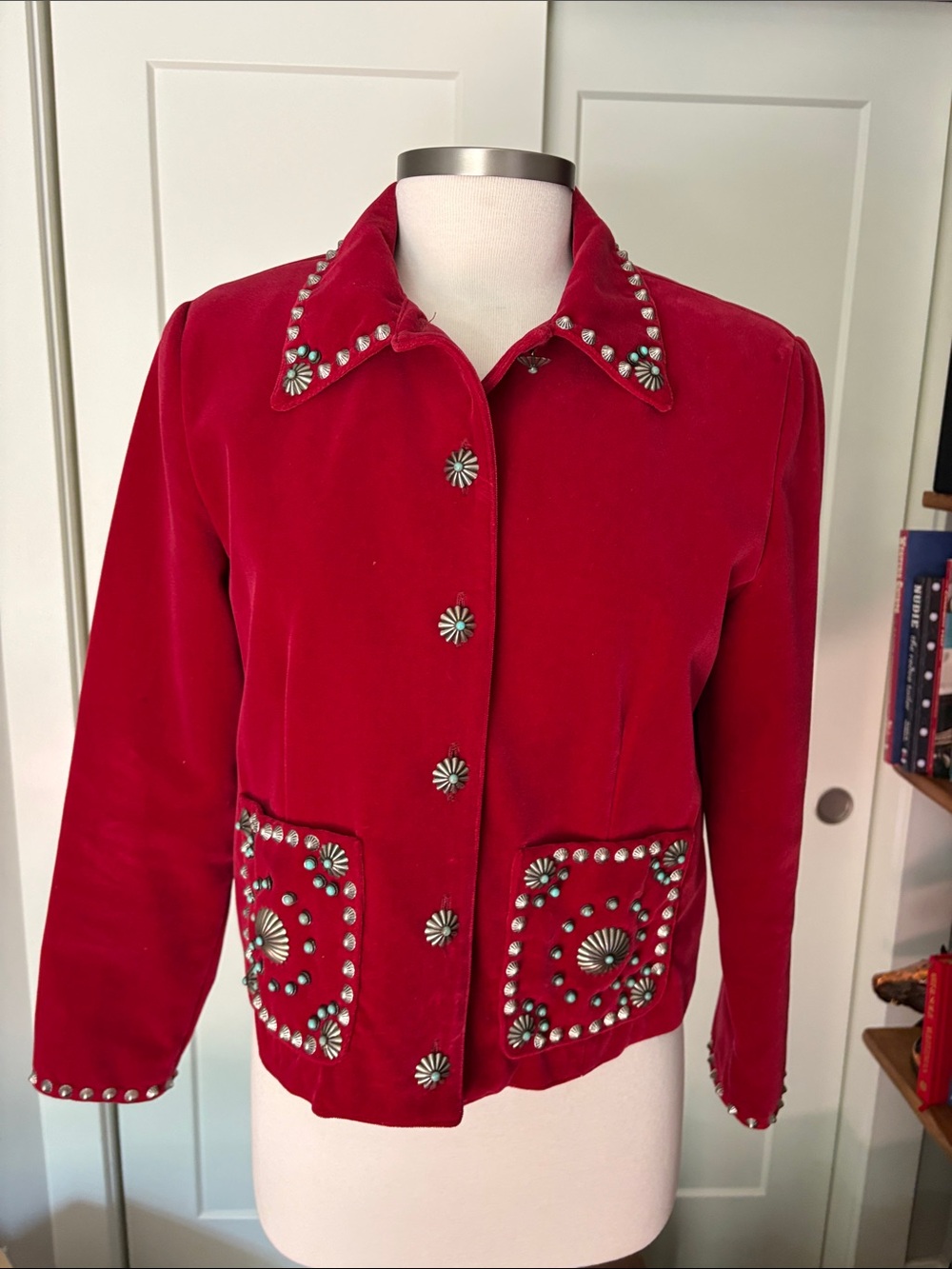Double D Ranch Red CottonVelvet Studded Western Jacket. Great shape! XS